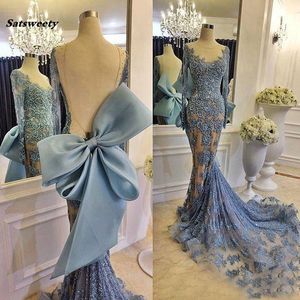 Abiye Sexy Long Mermaid Evening Dresses With Full Sleeves Backless Big Low Lace Evening Gowns Robe De Soiree Dubai Formal Dress 2023