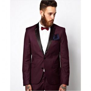 Os recém-chegados Two Button Borgonha Noivo Smoking Pico Lapela Groomsmen Melhor Homem Blazer Ternos de Casamento Dos Homens (Jacket + Pants + Tie) D: 106