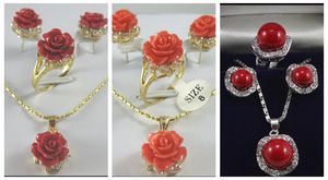 Wholesale pink coral rings for sale - Group buy 12MM Pink Red Coral Carved Flower Pendant Necklace Earrings Ring set
