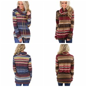 Wommen Striped Heap Collar Hooded Sweatshirt with Pockets Casual Fall Long Sleeves Turtleneck shirts Drawstring striped Hoodies GGA1063