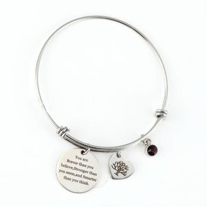 Inoxidável de prata inspirado Bangle Charm Bracelet Você é mais forte do que você acredita Birthstone vida árvore pulseiras jóias presentes