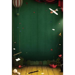 Dark Green Wall Stage Photo Background Printed Hot Air Balloon Red Curtain Aircraft Toy Kids Baby Shower Photography Backdrops