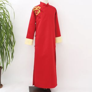 Chinese style marriage embroidered clothes vintage gown robe Male Long Gown Embroidered Dragon Men Red Black Traditional Robe