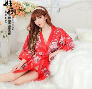 3pcs Kvinnors Utskrift Floral Kimono Robe Charmig Silk Bathrobe Short Robe Sexy Pajama sätter Erotiska Clubwear Robe Underkläder