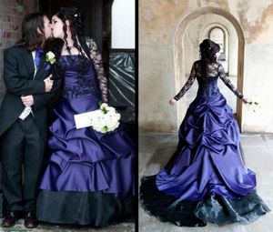 2018 Wedding Dress Black and Purple Bridal Gowns Long Sleeve Vintage Gothic Masquerade A Line Halloween Wedding Dresses vestido de novia