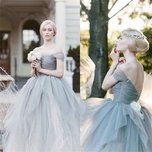 Grey Off Shoulder Tulle V Back New Bridal Wedding Dress Ruched Tiered Skirts Quinceanera Dresses Elegant Formal Party Dresses