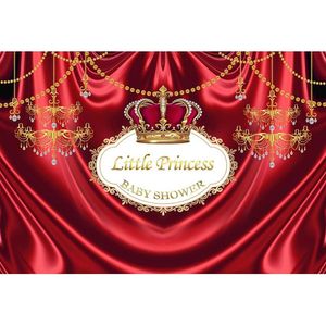 Anpassad födelsedagsfestfoto Booth Backdrop Printed Red Curtain Gold Crown Little Princess Girl Royal Baby Shower Background