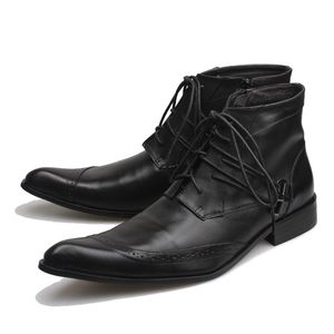 2019 جديد الخريف الشتاء الرجال الأحذية الجلدية السوداء أشار تو الدانتيل متابعة بوتاس هومبر مصمم الأزياء الكاحل sapatos ، EU38-46