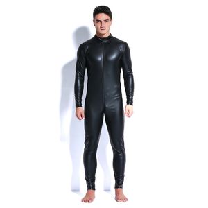 Man Leather Latex Catsuit Teddy bodysuit Black Shiny Erotic Lingerie Bodysuits Zentai Body Wear One Piece jumpsuit S1012