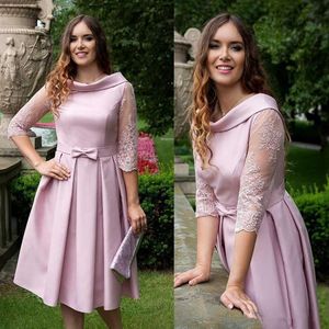 Classic Short Pink Mother Of The Bride Dresses Half Sleeve Tea Length A Line Party Gowns Applique Lace Dress