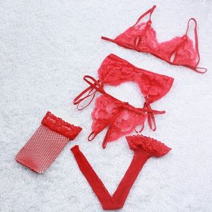 New Sexy Lingerie Mulheres Lace sutiã + Thong + Garter Belt + Meias Rosa Preto Vermelho Branco Lingerie Conjuntos