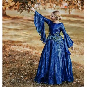 Moda vintage de alta costura vestido de lantejoulas vestido de tapete vermelho azul royal applique mangas compridas flor menina vestidos espumante meninas pageant dress