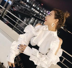 Ny design Fashion Women's Turn Down Color Solid Color Ruffles Patchwork Off Shoulder Zipper långärmad blusskjorta toppar