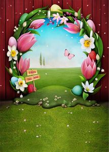 Easter Egg Hunt Photography Backdrops Red Wood Wall Floral Arched Door Spring Flowers Butterfly Green Grassland Baby Newborn Background