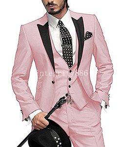 Ny ankomst Slim Fit Rosa Groom Tuxedos Peak Lapel One Button Man Bröllopsdräkt Män Business Dinner Prom Blazer (Jacka + Byxor + Tie + Vest) 1114