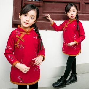 2018 Chinese Style New Year Girls Dresses Embroidered Cheongsam Dress Autumn Winter Girls Clothing Kids Clothes Thick Baby Clothing