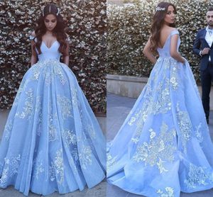 Light Sky Blue Ball Gown Evening Dresses Off Shoulder Appliques Lace Tulle Organza Backless Formal Evening Dress Prom Dress