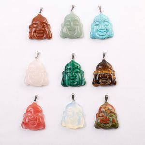Natural Stone Carved Mixed Color Smile Maitreya Buddha head pendants DIY Jewelry Making for women Holiday gifts wholesale free shipping