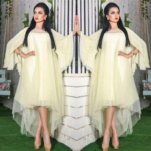 Saudi Arabic Light Yellow Prom Dresses Lace Loose Sleeves High Low Evening Gowns Dubai Tulle Layered Formal Party Dress Vestidos