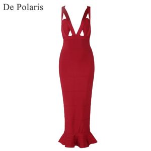 Bandage Dress Vermelho Hollow Out Trumpet Sexy Mid-bezerro Verão Encanamento Vestido Festa Clube Bar Evening Celebrity