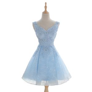 Blickfang Lichthimmel blaue Spitze Brautjungfer Kleid Applique mit Perlen Pailletten Knielänge V-Ausschnitt Hochzeit Kleider Custom Made plus Größe