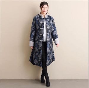 Inverno addensato Vintage Flower pattern vestiti Giacca lunga stile cinese retrò Trench coat imbottito in cotone da donna