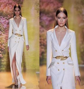 Elie Saab White Split Dresses Evening Wear Sexy Deep V-neck Long Sleeves Formal Prom Gowns Formal Party Dress215E