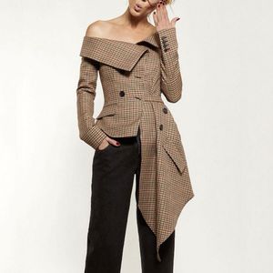 2018 New Outono Mulheres Blazers Casaco de Manga Longa Manta Assimétrica Prepare New Slash Pescoço Lady Office Brown Casacos Casaco Casual Outfits