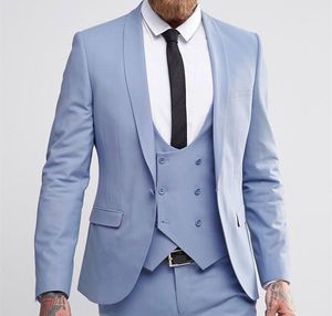 Açık Mavi Damat Smokin Şal Yaka Tek Düğme Merkezi Vent Adam Düğün Suit Erkekler Iş Yemeği Balo Blazer (Ceket + Pantolon + Kravat + Yelek) 390