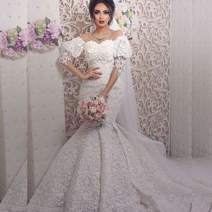 Arabia Plus-Size Mermaid Suknie Ślubne Sexy Off Ramię Aplikacja 3/4 Długie Rękaw Vestido De Novia Glamorous Dubai Lace Suknie Ślubne