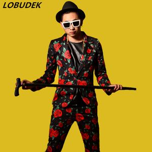 Rose Pattern Blazers Men's Suits Nightclub Bar DJ Male Singer Stage Costume Punk Rock Jazz Dance Performance Clothing Prom Party Show Outfit