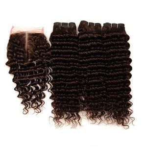 Peruvian Dark Brown Human Hair Weave Bundles with Closure Deep Wave Wefts with Closure #4 Chocolate Brown Lace Closure 4x4 with Weaves