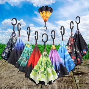 Creative Inverted Umbrellas 34 colors Double Layer With C Handle Inside Out Reverse Windproof Umbrella via DHL Free
