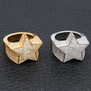 Men's Fashion Copper Gold Color Plated Ring Exaggerate High Quality Iced Out Cz Stone Star Shape Ring Jewelry