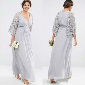 Silver Chiffon Lace Mother Of The Bride Dresses V Neck A Line Long Sleeves Mother of the Groom Dress Long Wedding Guest Dresses