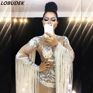 Female Costumes Sexy Stage Wear White Crystals Tassels Leotard Rhinestones Fringe Bodysuit for Singer Dancer Nightclub Party Festival Rave Performance Outfits