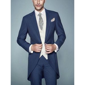 Poranny styl Mężczyźni Ślub Tuxedos Navy Blue 3 Piece Suit MenCOAT Doskonałe męskie obiad Prom party ubrania (kurtka + spodnie + krawat + kamizelka) 1172