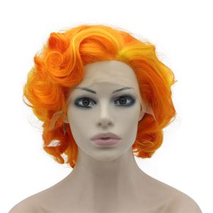 Kurze, lockige, stilvolle orangefarbene Kostümparty-Perücke mit Spitzenfront