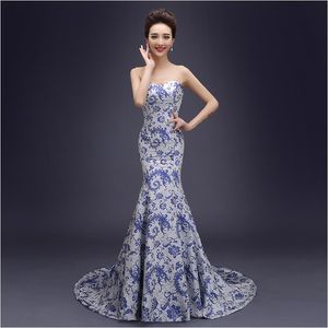 Vestido de verão longo para as mulheres Chinês tradicional traje Qipao Oriental porcelana azul e branca à direita cheongsam banquete vestido de festa