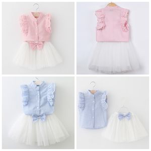 Baby girl boutique clothing suit Girls vertical striped puff sleeve shirt+white tutu skirts with bow 2pcs children outfits kids clothing set