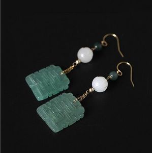 Tropfenohrringe aus 14 Karat Gold mit smaragdweißer Jade, Designer-Originalwerke, doppeltes Glück, Vintage-Design-Ohrringe für Damenschmuck