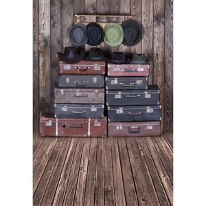 Vintage Dark Wood Photography Background Printed Hats Retro Suitcases Traveling Theme Baby Kids Children Photo Studio Backdrops