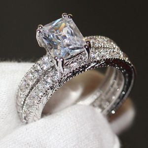 Размер 5-10 Урожай мода ювелирные изделия 10KT белое золото заполнено принцесса нарезанный 5А белый топаз CZ Diamond ретро женщины, введающие свадебные кольца кольцо установить подарок