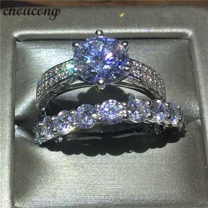 choucong Liebhaber-Ring-Set, runder Diamant, Kristall, Weißgold gefüllt, Verlobung, Hochzeit, Bandringe für Frauen, Mutterschmuck