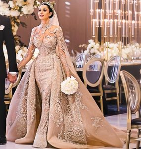 Роскошные кружевные свадебные платья русалки со съемным шлейфом, прозрачные свадебные платья с высоким вырезом и длинными рукавами, расшитые блестками, расшитые бисером, Vestido De Novia