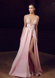 Pink Chaaya Tony Prom Dresses Sexig sido delad pärlklänning Evening Wear Deep V Neck Formal Glows