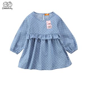 Schöne Kleinkind Kinder Neugeborene Baby Mädchen Kleid Denim Dot Gedruckt Kleidung Rüschen Prinzessin Party Tüll Langarm Kleider