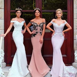Stunning Mermaid Country Bridesmaids Dresses Off The Shoulder Lace Appliqued Wedding Guest Dress Cheap Sweep Train Maid Of Honor Gowns