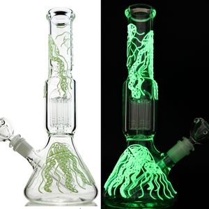 Glow In The Dark Bong Hookahs 6 Arms Tree Perc Glass Beaker Bongs Straight Tube Oil Dab Rigs UV Water Pipes