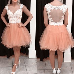 Vestidos Curtos Homecoming Sweetheart Laço Do Vintage Appliques Sheer Straps Illusion Back Tulle Camisa Prom Festa Vestidos Barato Alta Qualidade Personalizado